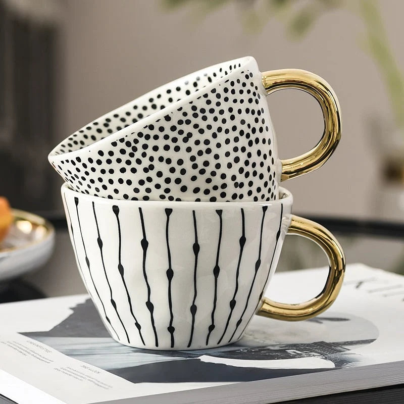 Ceramic Coffee Mug Geometric Pattern Gold Handle 330ml