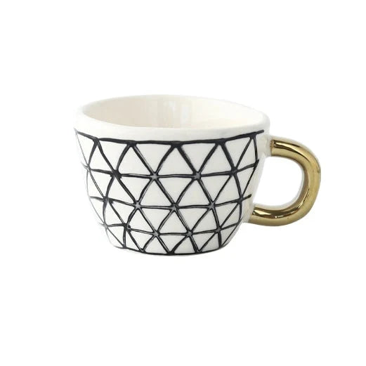 Ceramic Coffee Mug Geometric Pattern Gold Handle 330ml