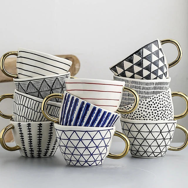 Ceramic Coffee Mug Geometric Pattern Gold Handle 330ml