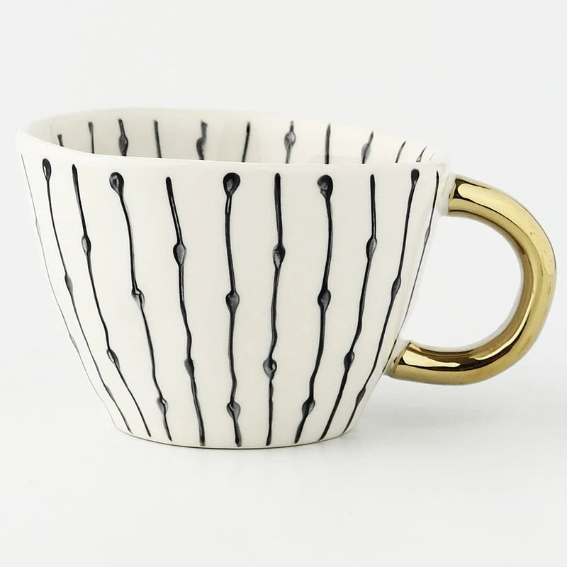 Ceramic Coffee Mug Geometric Pattern Gold Handle 330ml
