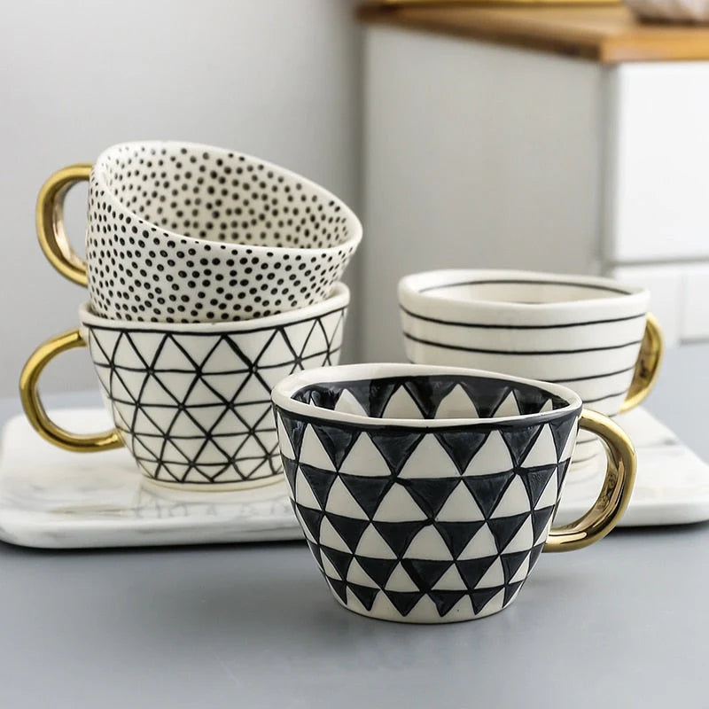 Ceramic Coffee Mug Geometric Pattern Gold Handle 330ml