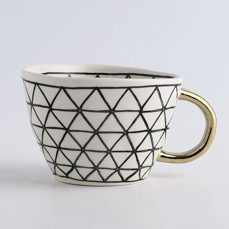 Ceramic Coffee Mug Geometric Pattern Gold Handle 330ml