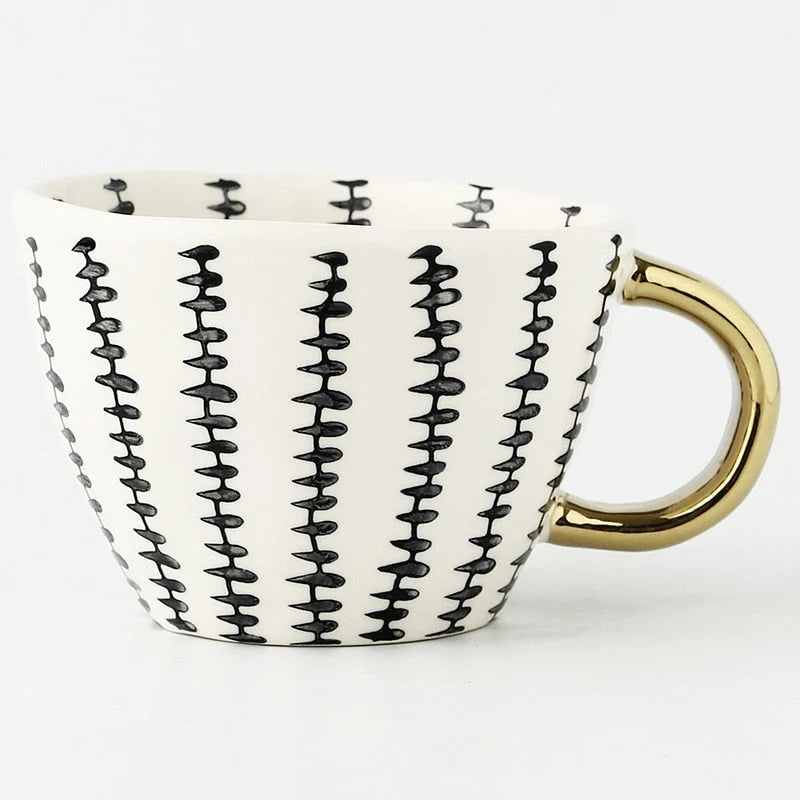 Ceramic Coffee Mug Geometric Pattern Gold Handle 330ml