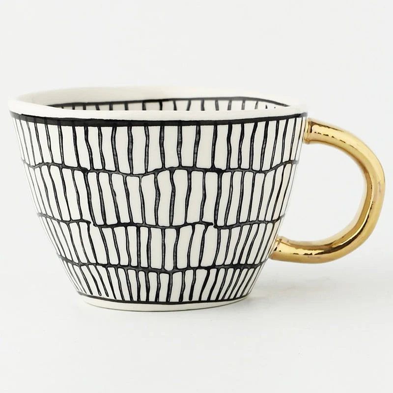Ceramic Coffee Mug Geometric Pattern Gold Handle 330ml