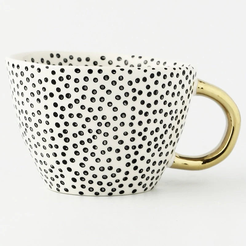 Ceramic Coffee Mug Geometric Pattern Gold Handle 330ml