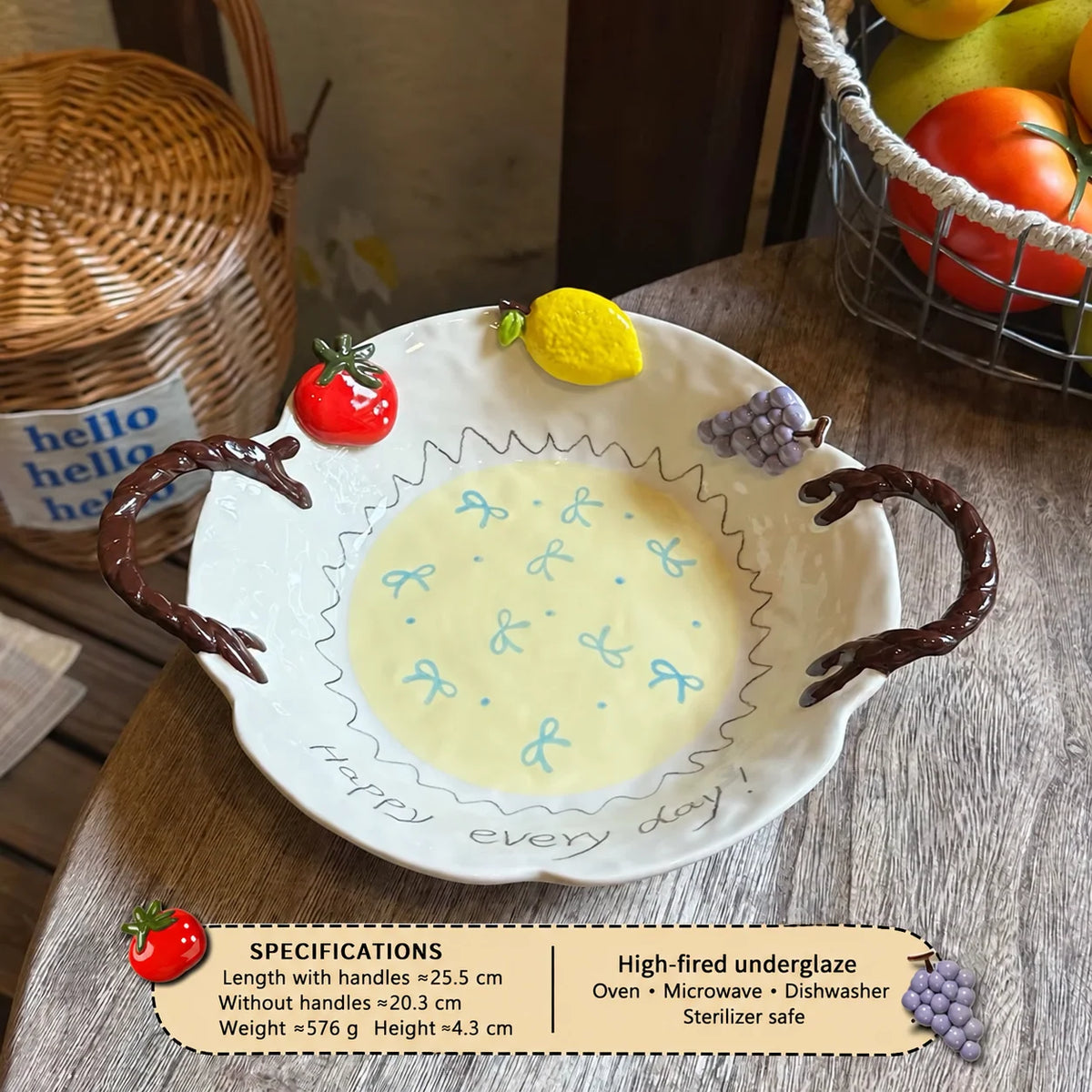 Ceramic Dinnerware Raised Fruit Details Pastel Colors
