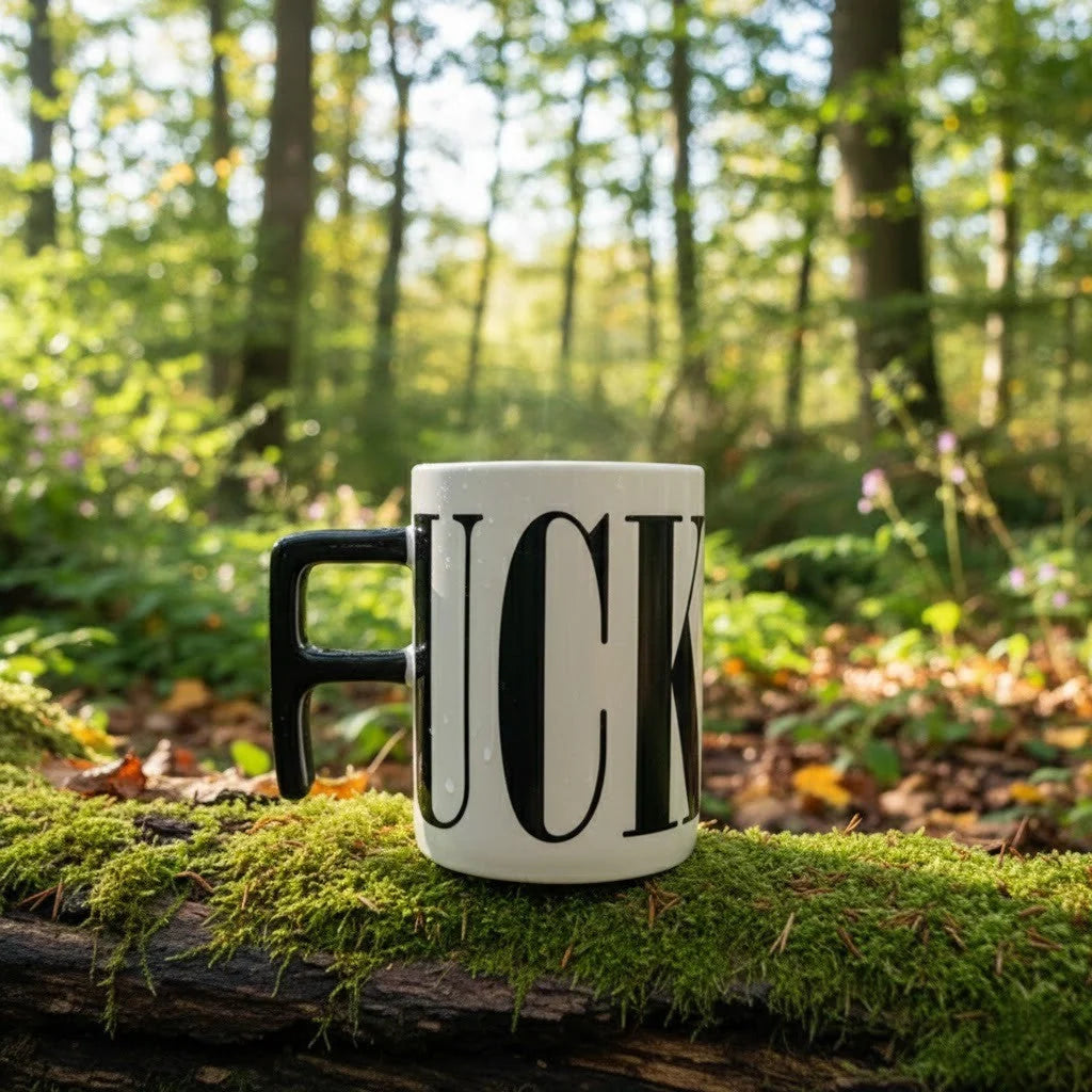 Ceramic Mug Bold Graphic F-Shaped Handle 15.2 Fl Oz