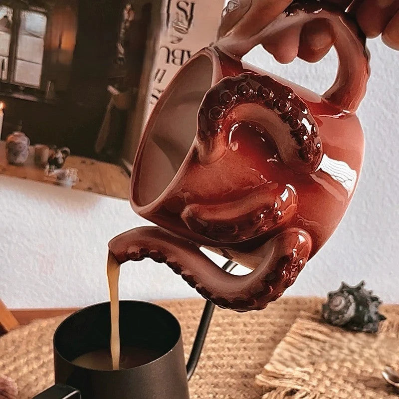 Ceramic Mug Sculpted Octopus Tentacle Handles 11.8 Fl Oz