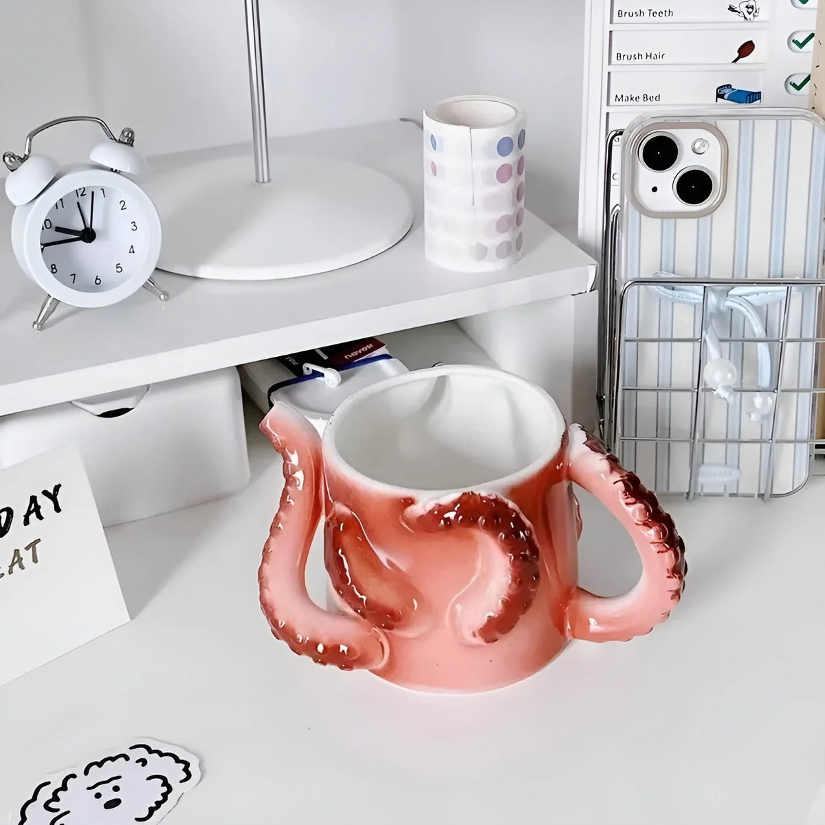 Ceramic Mug Sculpted Octopus Tentacle Handles 11.8 Fl Oz