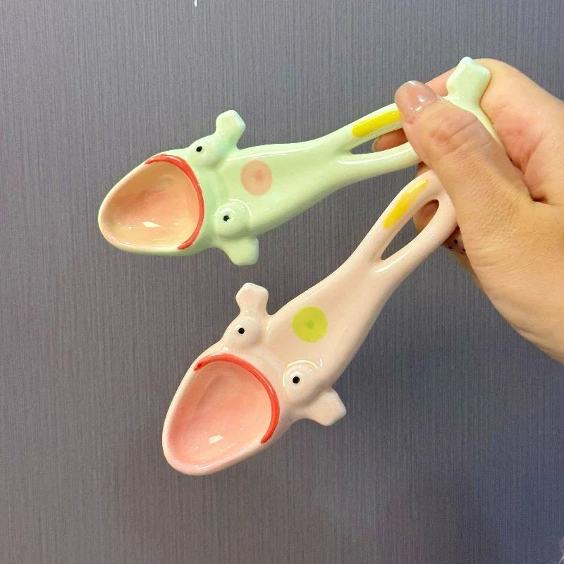 Ceramic Serving Spoon Frog Design Long Handle Glazed Finish