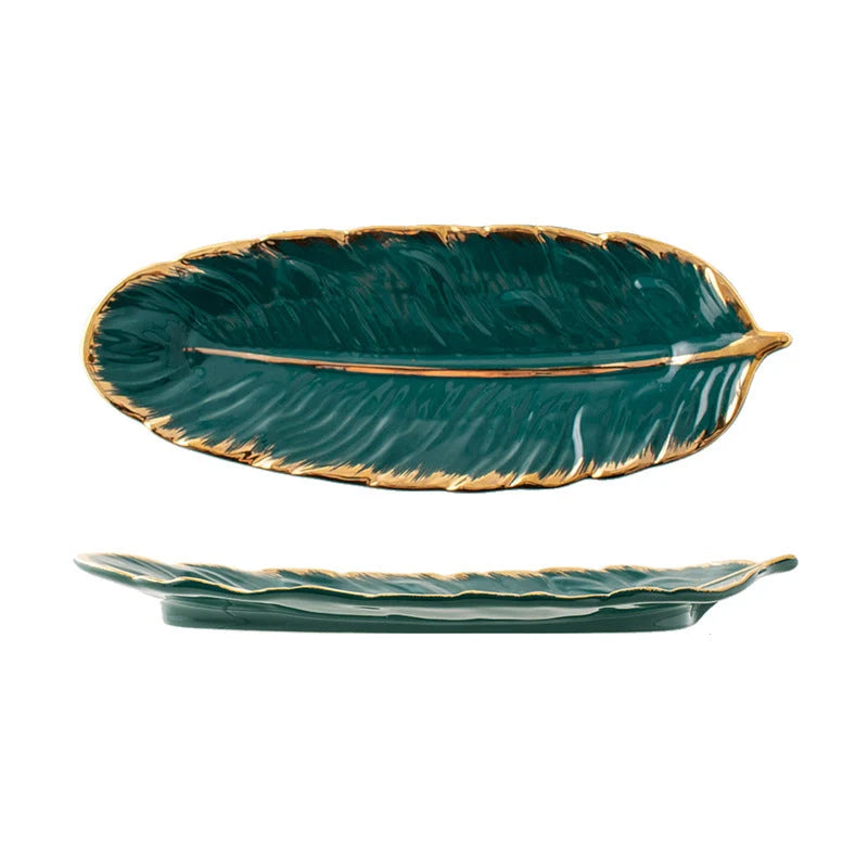 Ceramic Tray Feather-Shaped Non-Slip Base