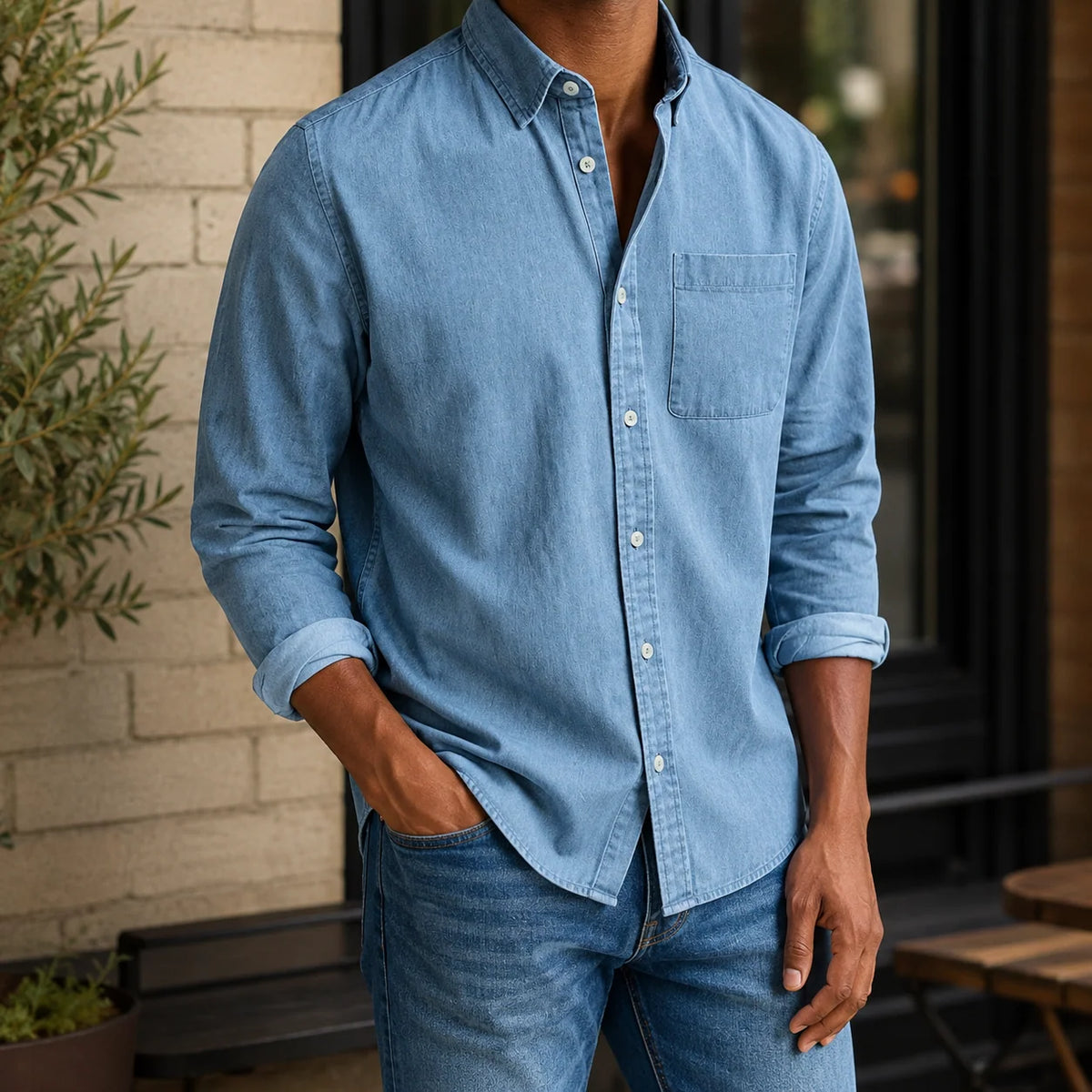 Chambray Shirt Cotton Blend Relaxed Fit Soft Worn-In Feel