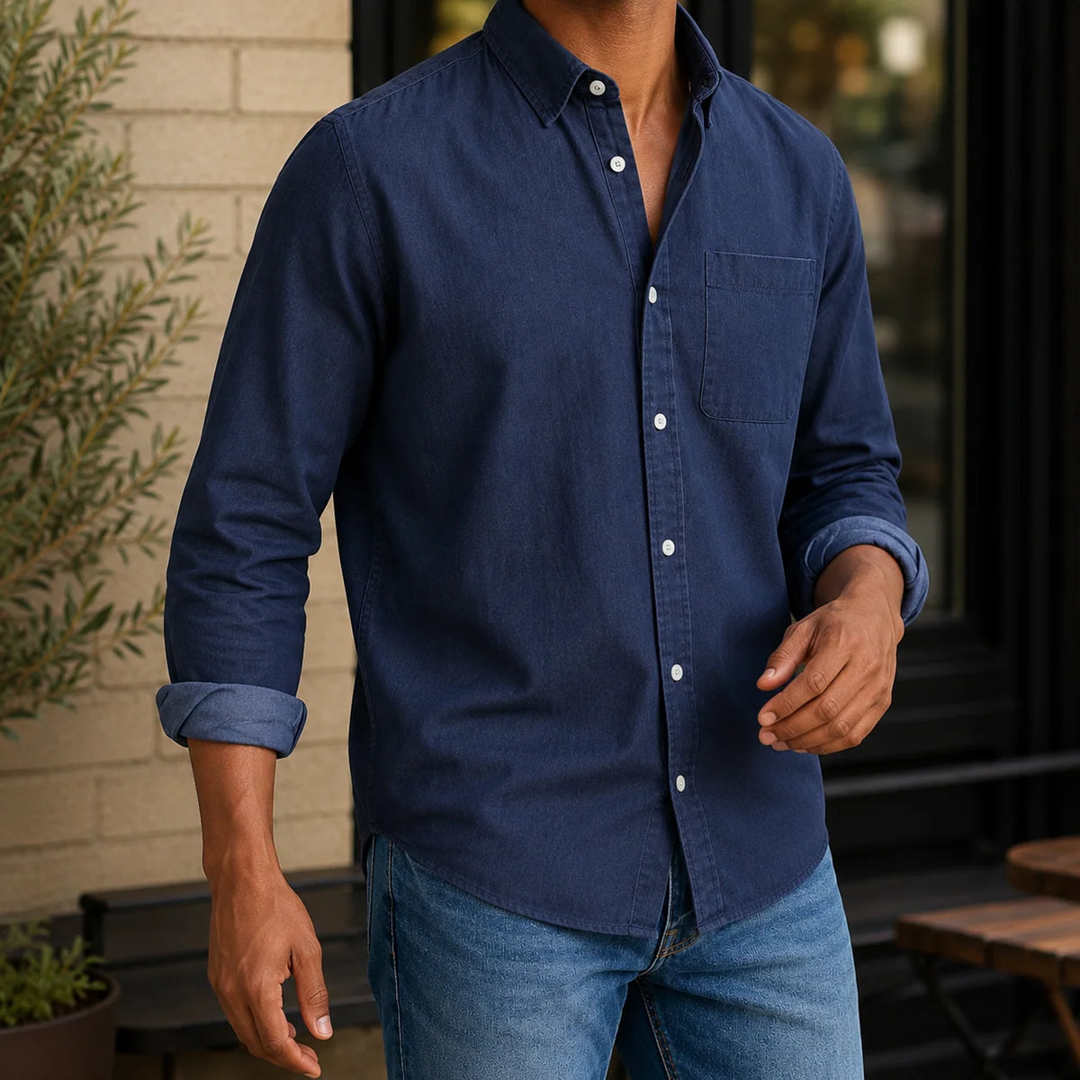 Chambray Shirt Cotton Blend Relaxed Fit Soft Worn-In Feel