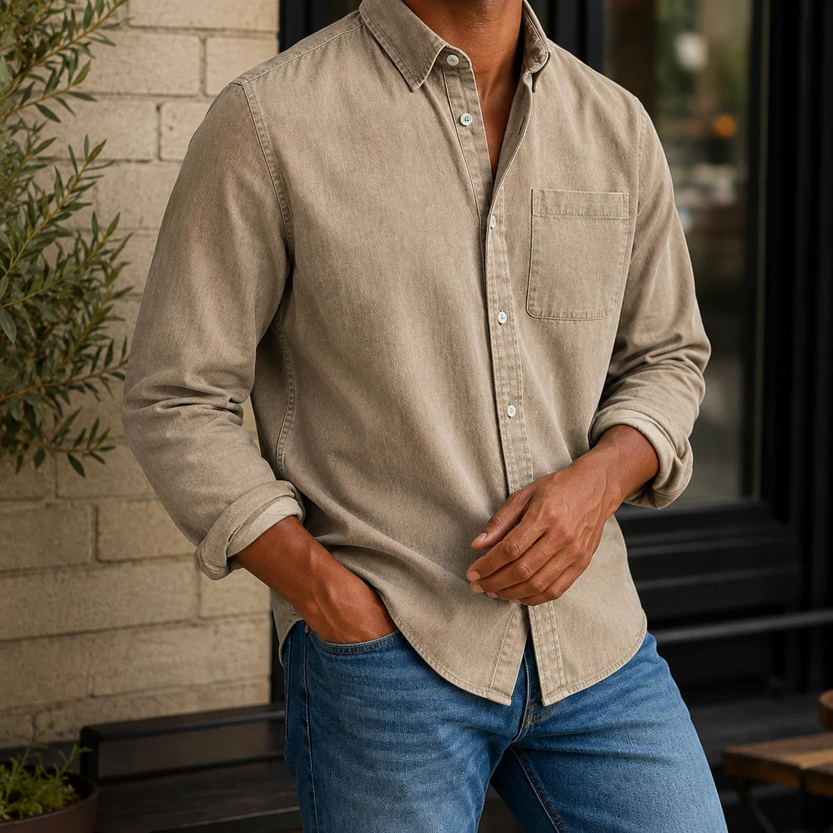 Chambray Shirt Cotton Blend Relaxed Fit Soft Worn-In Feel