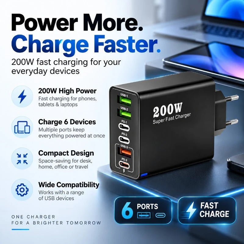 Charger 200W Six-Port Fast Charging for Multiple Devices