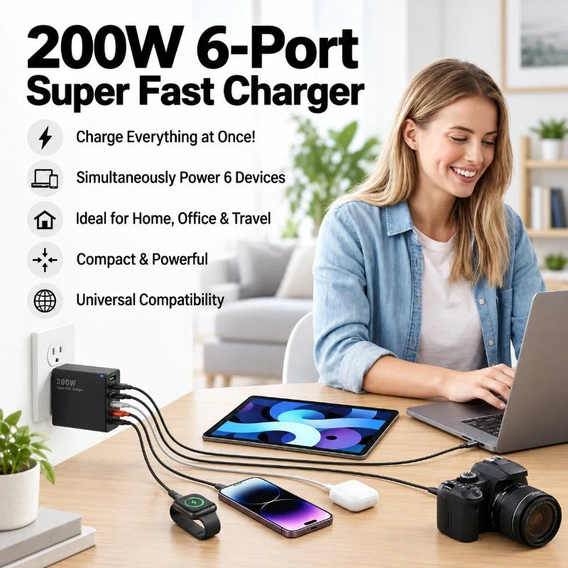 Charger 200W Six-Port Fast Charging for Multiple Devices