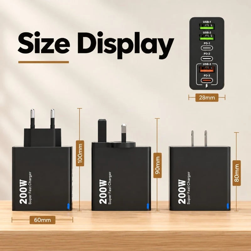 Charger 200W Six-Port Fast Charging for Multiple Devices