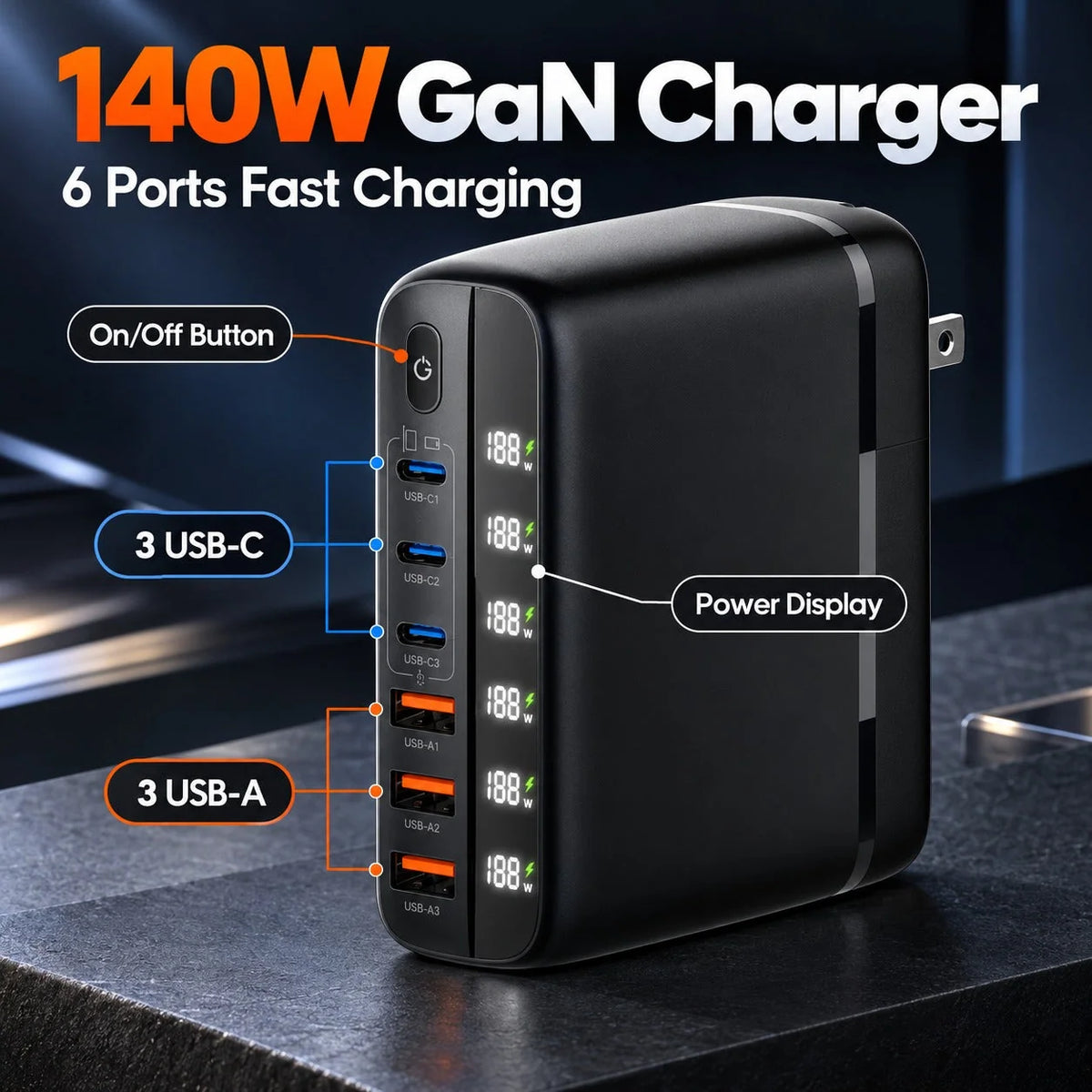 Charging Station Six-Port GaN 140W Power Display