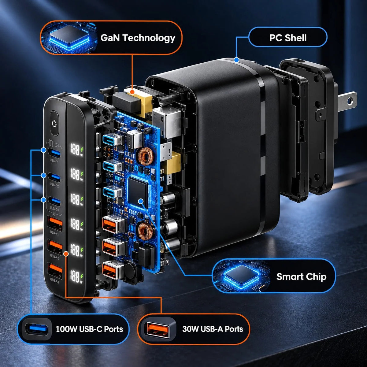 Charging Station Six-Port GaN 140W Power Display