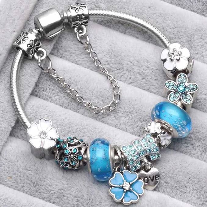 Charm Bracelet 925 Sterling Silver Floral Adjustable Fit