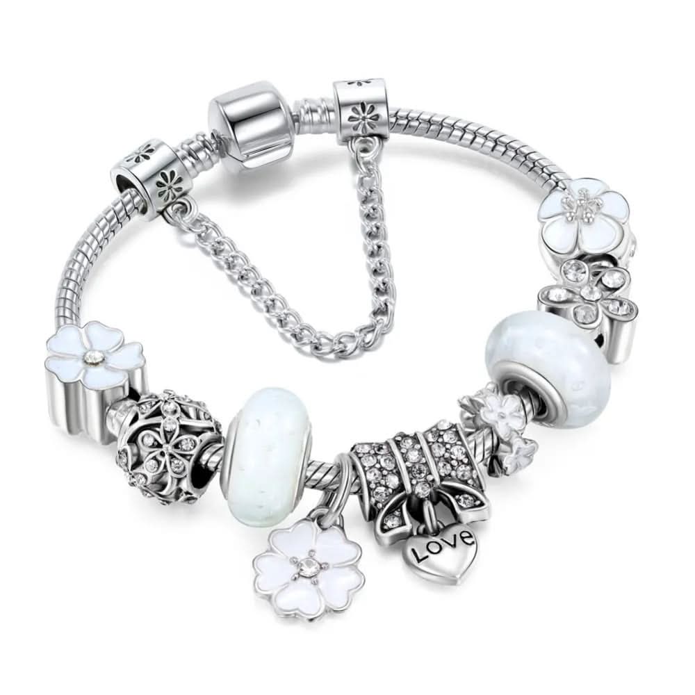 Charm Bracelet 925 Sterling Silver Floral Adjustable Fit