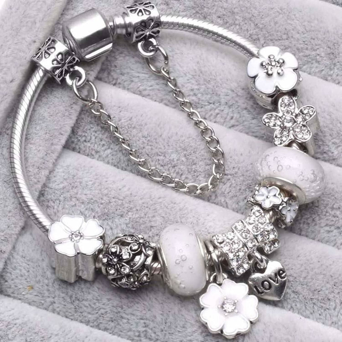 Charm Bracelet 925 Sterling Silver Floral Adjustable Fit