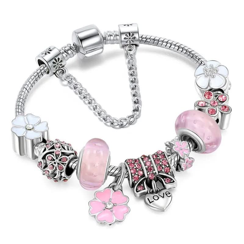 Charm Bracelet 925 Sterling Silver Floral Adjustable Fit