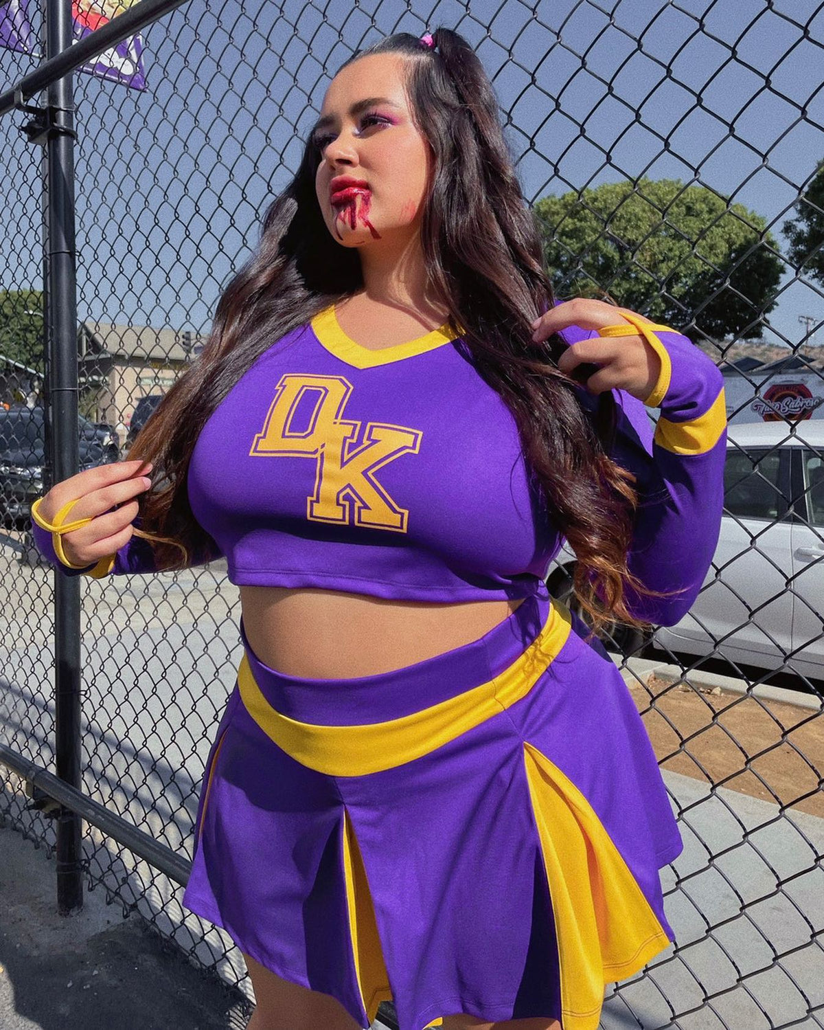 Cheerleader Costume Two-Piece Cropped Top & Pleated Skirt Purple And Yellow