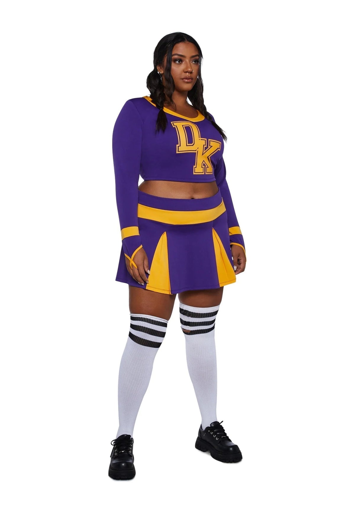 Cheerleader Costume Two-Piece Cropped Top & Pleated Skirt Purple And Yellow