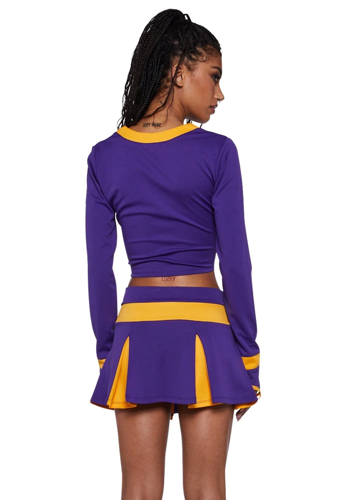 Cheerleader Costume Two-Piece Cropped Top & Pleated Skirt Purple And Yellow