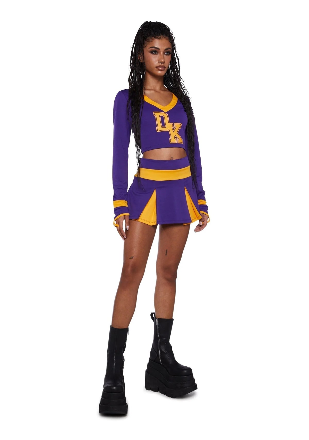 Cheerleader Costume Two-Piece Cropped Top & Pleated Skirt Purple And Yellow
