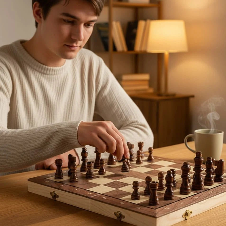 Chess Set Wooden Folding Magnetic Pieces Travel-Friendly