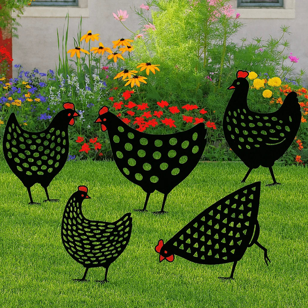 Chicken Garden Statue Weather-Resistant Hand-Painted 5-Piece Set
