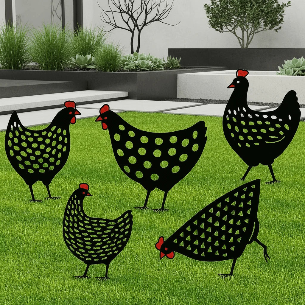 Chicken Garden Statue Weather-Resistant Hand-Painted 5-Piece Set
