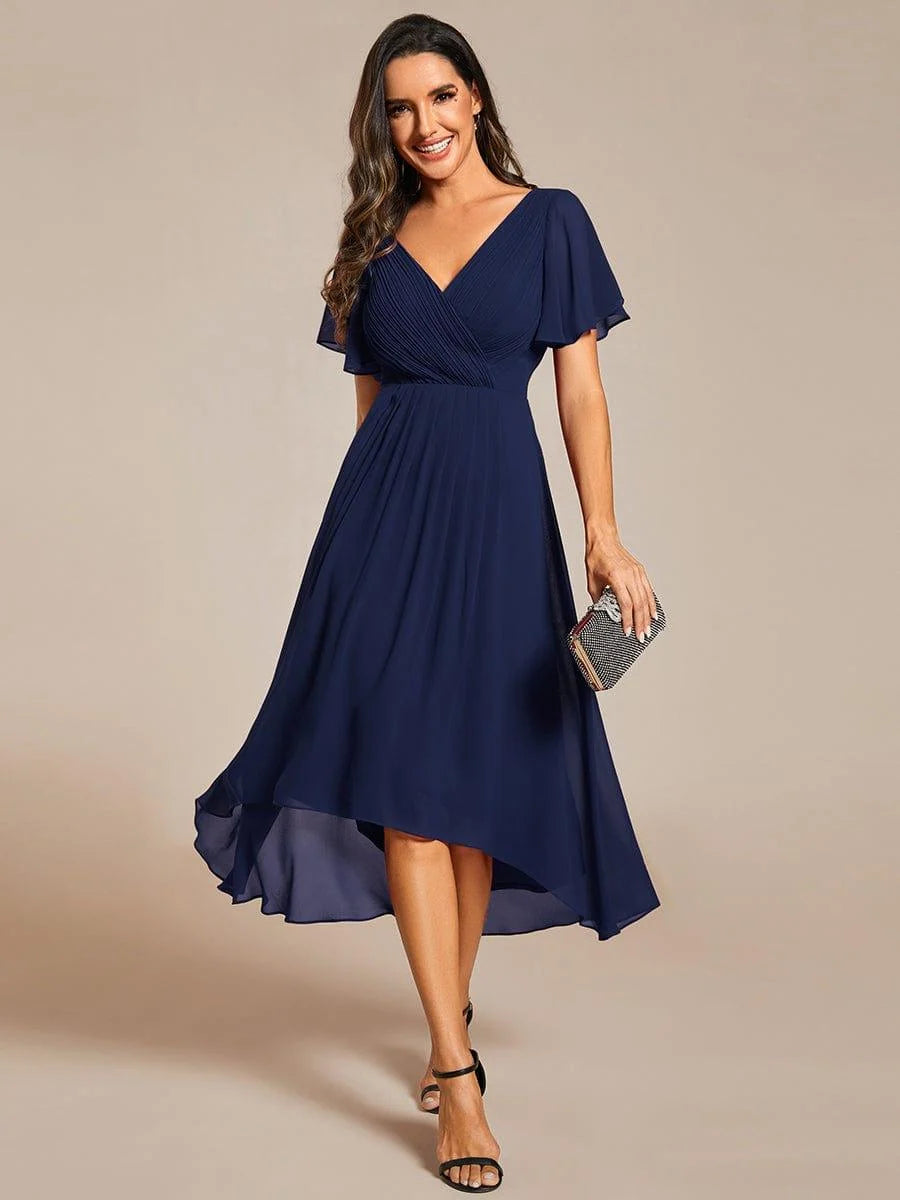 Chiffon Dress V-Neck Short Sleeve Hi-Lo Hem