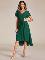 Chiffon Dress V-Neck Short Sleeve Hi-Lo Hem