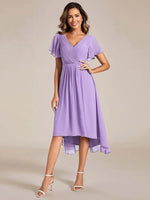 Chiffon Dress V-Neck Short Sleeve Hi-Lo Hem