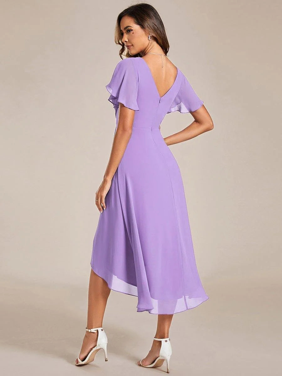 Chiffon Dress V-Neck Short Sleeve Hi-Lo Hem