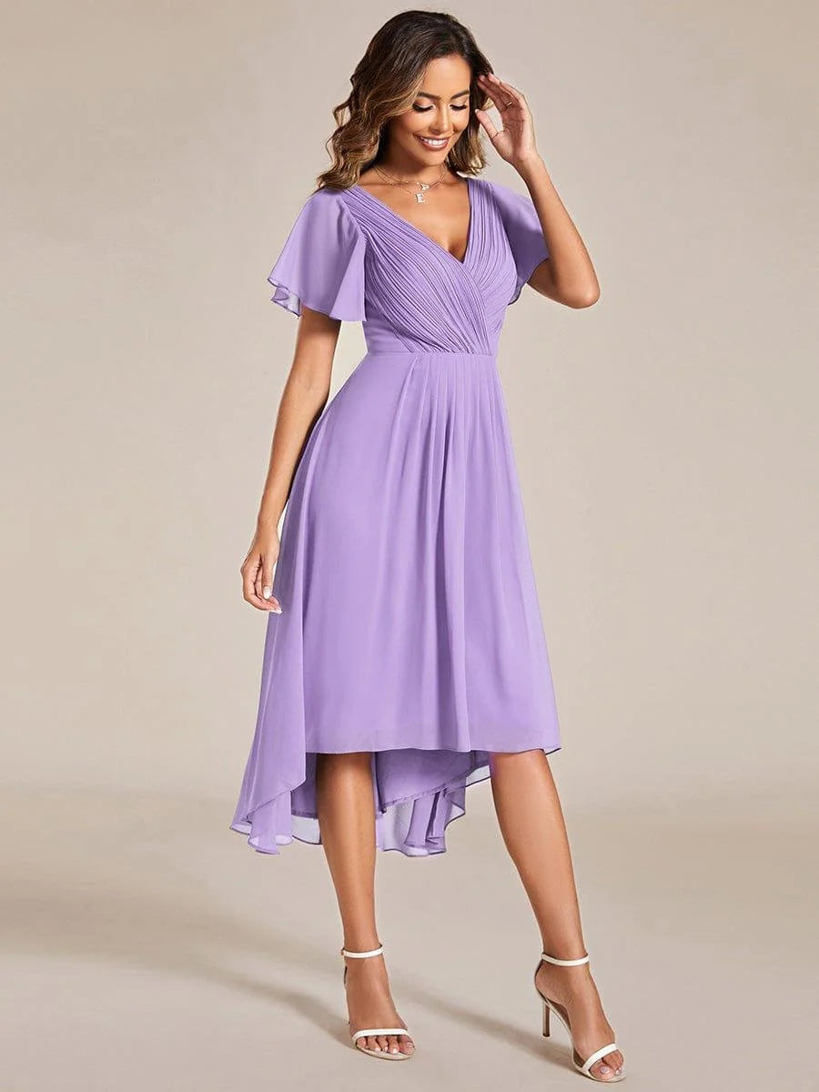 Chiffon Dress V-Neck Short Sleeve Hi-Lo Hem