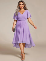 Chiffon Dress V-Neck Short Sleeve Hi-Lo Hem