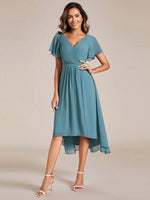 Chiffon Dress V-Neck Short Sleeve Hi-Lo Hem