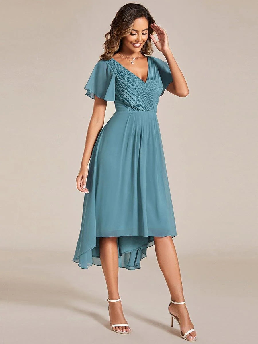 Chiffon Dress V-Neck Short Sleeve Hi-Lo Hem