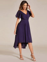 Chiffon Dress V-Neck Short Sleeve Hi-Lo Hem