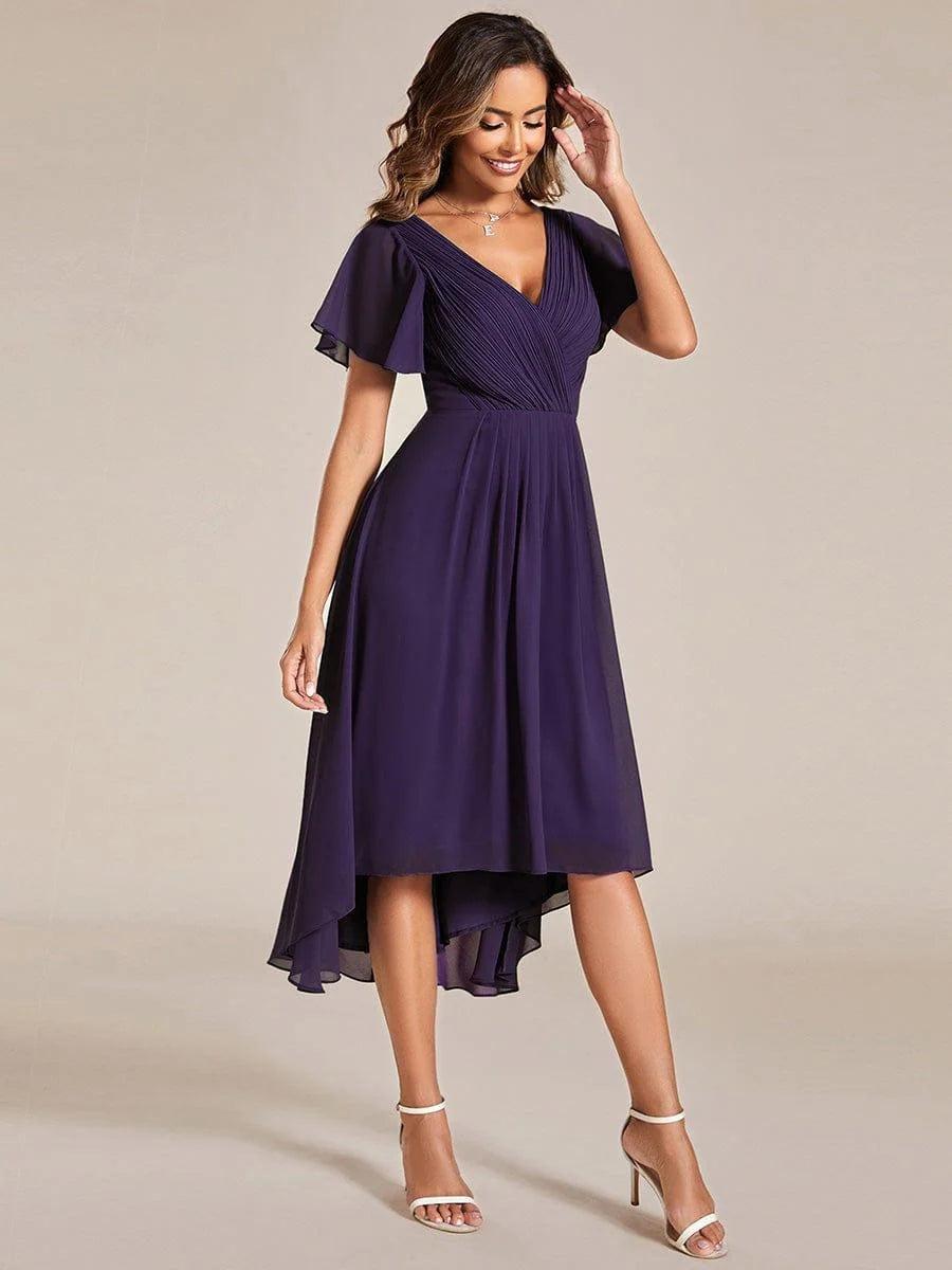 Chiffon Dress V-Neck Short Sleeve Hi-Lo Hem