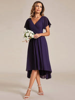 Chiffon Dress V-Neck Short Sleeve Hi-Lo Hem