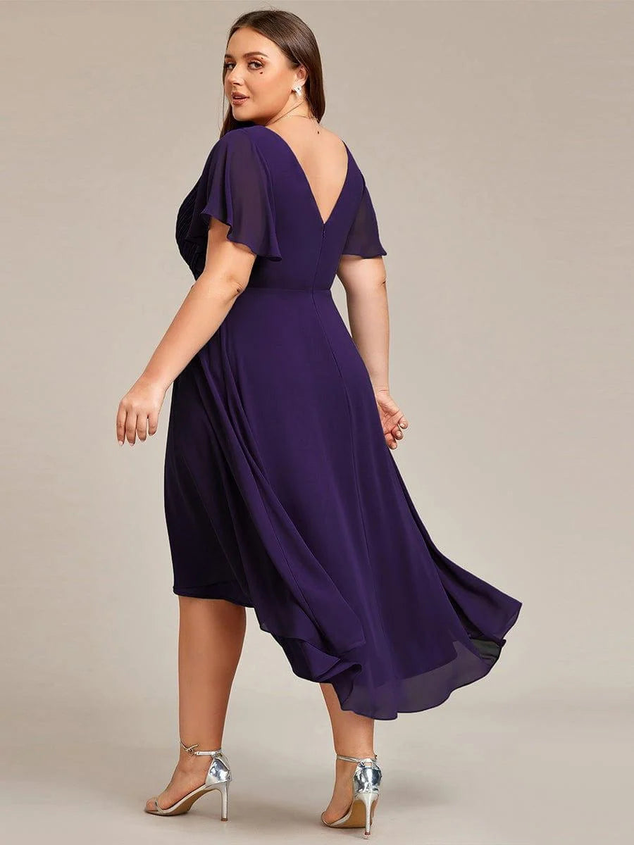 Chiffon Dress V-Neck Short Sleeve Hi-Lo Hem