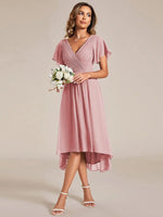 Chiffon Dress V-Neck Short Sleeve Hi-Lo Hem