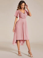 Chiffon Dress V-Neck Short Sleeve Hi-Lo Hem