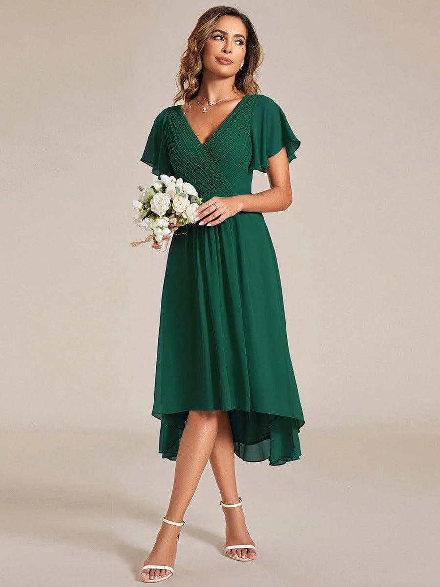 Chiffon Dress V-Neck Short Sleeve Hi-Lo Hem