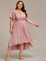 Chiffon Dress V-Neck Short Sleeve Hi-Lo Hem